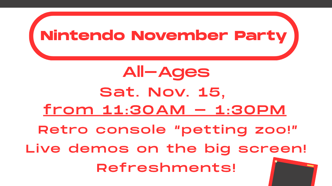 Library Party Nintendo Nintendo November Family Party - Belgrade Community Library